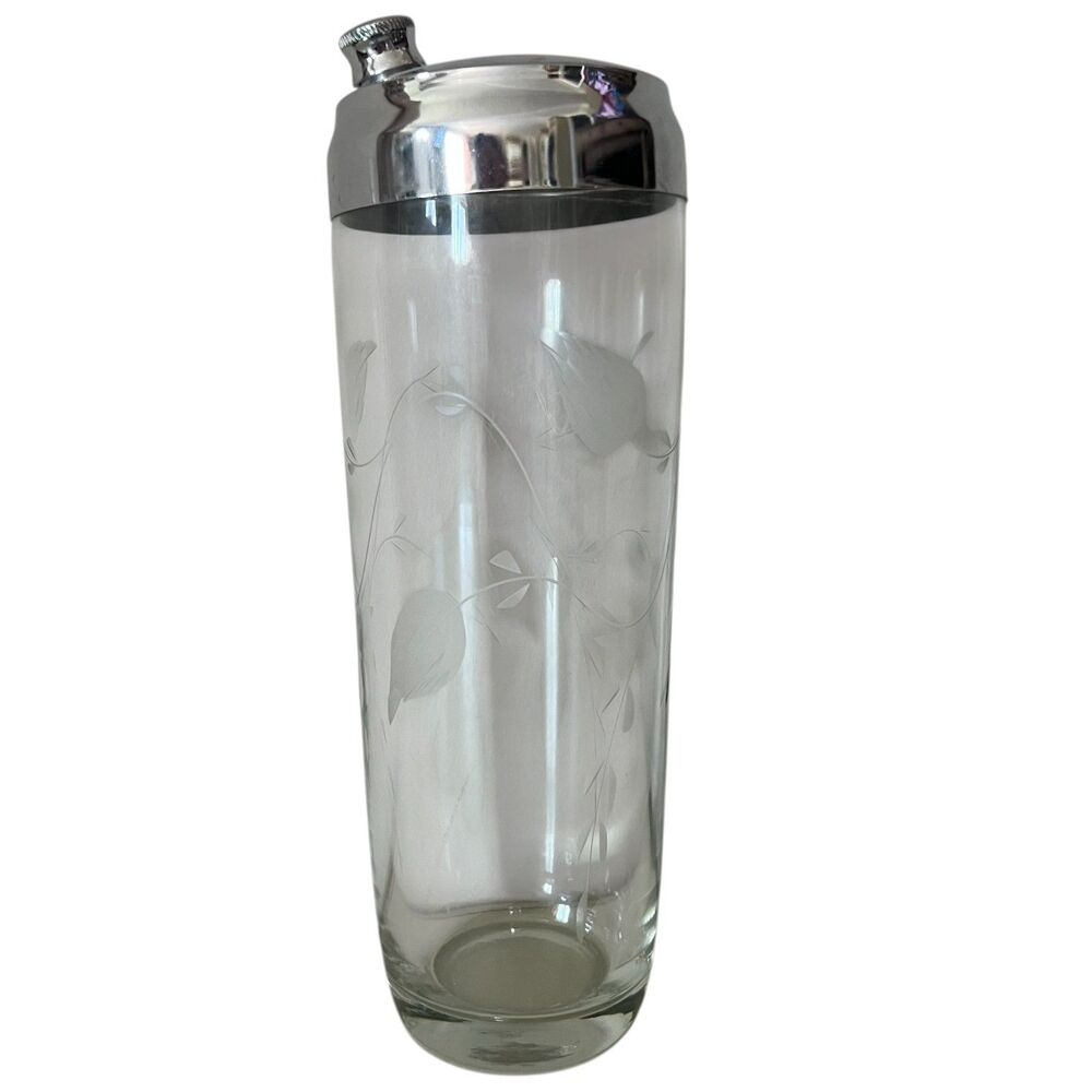 1950s Vintage Mid Century Modern Etched Floral Glass Martini Cocktail Shaker